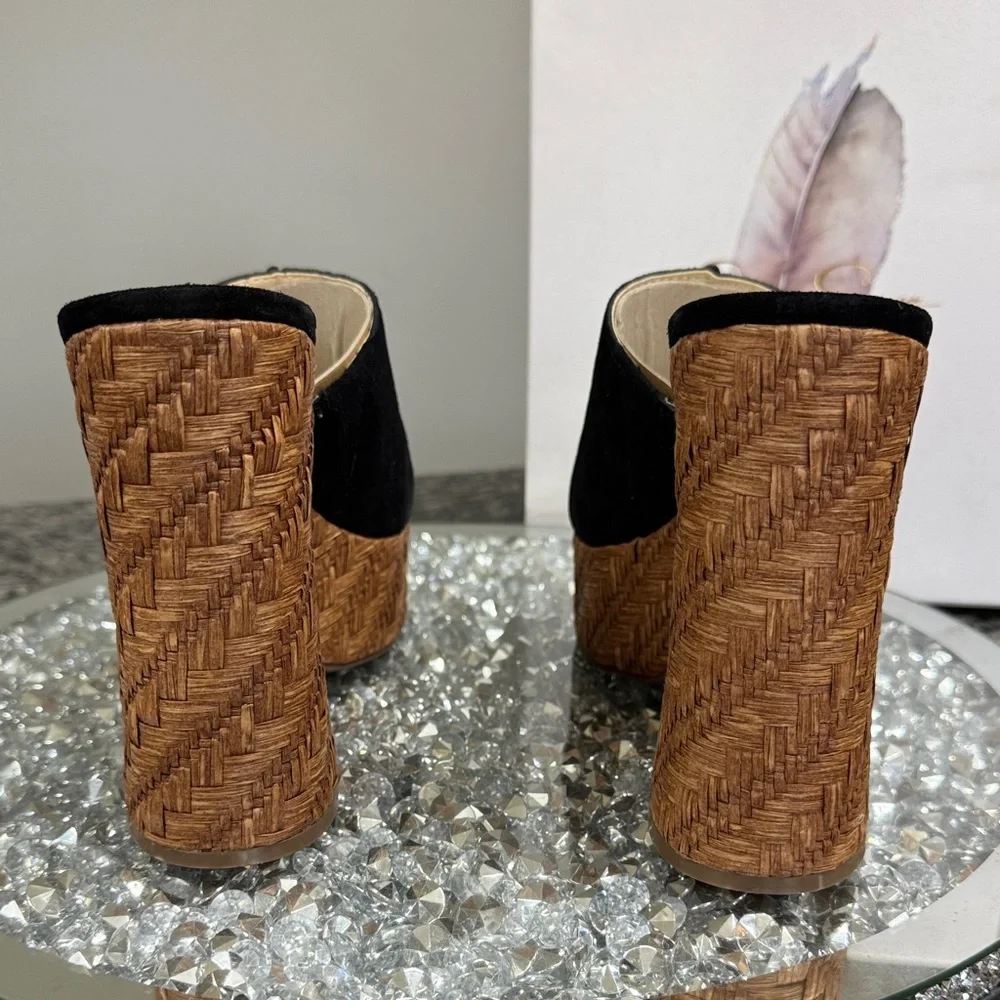 Jessica Simpson Black Suede Platform Mule Heels with Woven Brown Platform